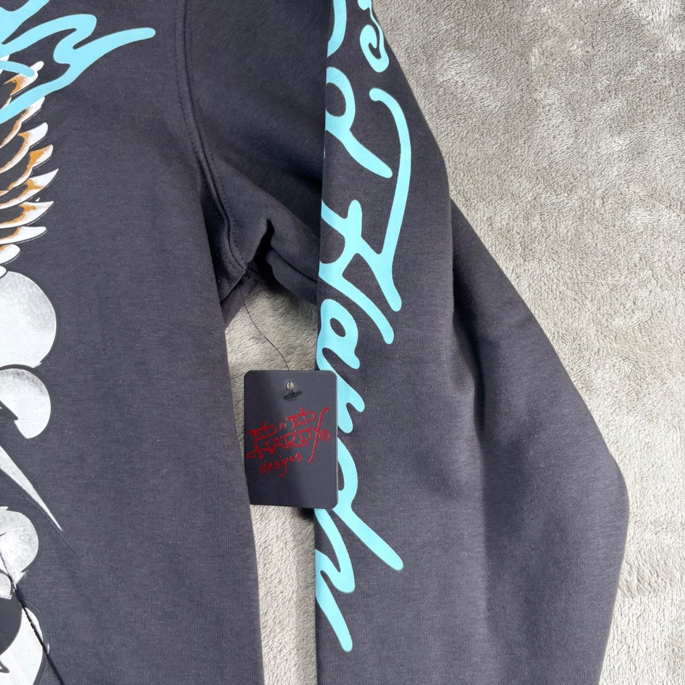 NEW Ed Hardy Hoodie Mens Medium Dark Grey New Tattoo Eagle Skull EEHM1300-2 - Picture 3 of 6